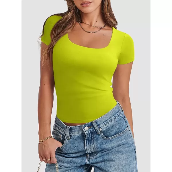 imageATHMILE Womens Short Sleeve Shirts Crop Tops Basic Double Modal Layering Tight Slim Fit Y2K T Shirts Clothes 2024Yellow