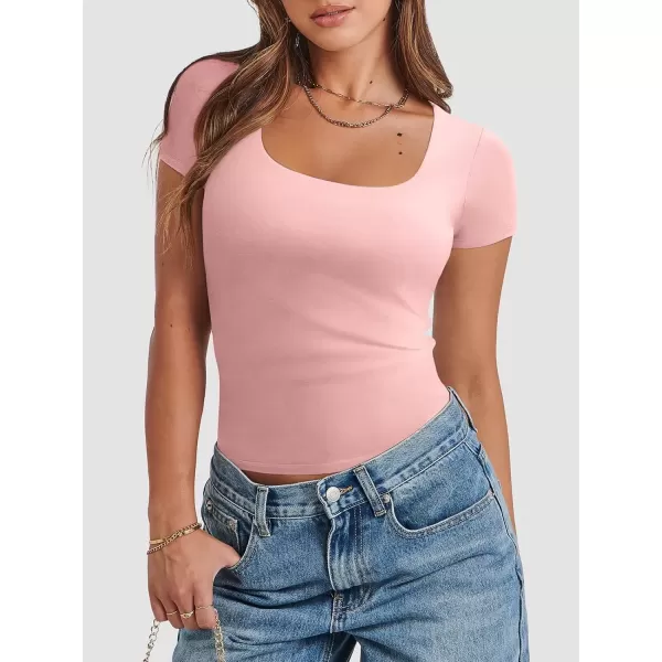 imageATHMILE Womens Short Sleeve Shirts Crop Tops Basic Double Modal Layering Tight Slim Fit Y2K T Shirts Clothes 2024Light Pink