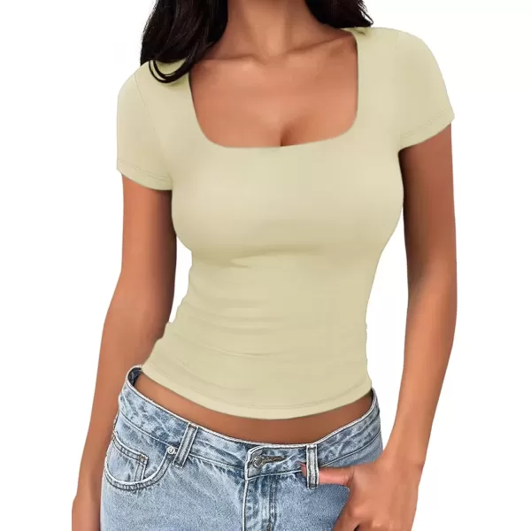 imageATHMILE Womens Short Sleeve Shirts Crop Tops Basic Double Modal Layering Tight Slim Fit Y2K T Shirts Clothes 2024Cream