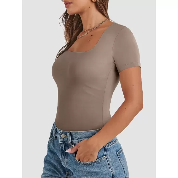imageATHMILE Womens Short Sleeve Shirts Crop Tops Basic Double Modal Layering Tight Slim Fit Y2K T Shirts Clothes 2024Coffee Grey