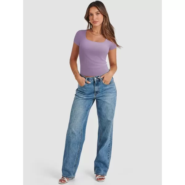 imageATHMILE Womens Short Sleeve Shirts Crop Tops Basic Double Modal Layering Tight Slim Fit Y2K T Shirts Clothes 2024Purple