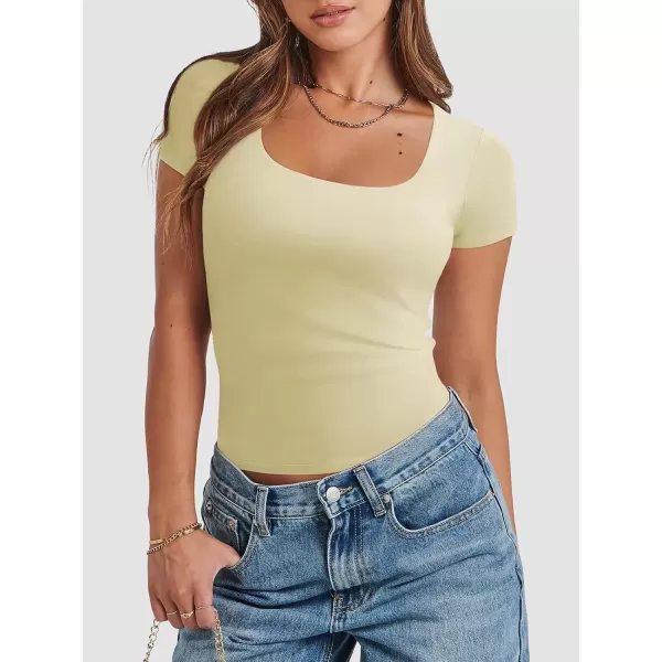 imageATHMILE Womens Short Sleeve Shirts Crop Tops Basic Double Modal Layering Tight Slim Fit Y2K T Shirts Clothes 2024Cream