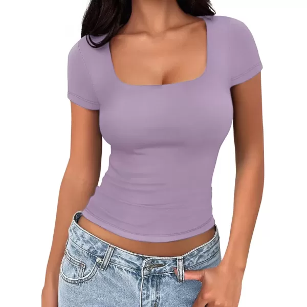 imageATHMILE Womens Short Sleeve Shirts Crop Tops Basic Double Modal Layering Tight Slim Fit Y2K T Shirts Clothes 2024Purple