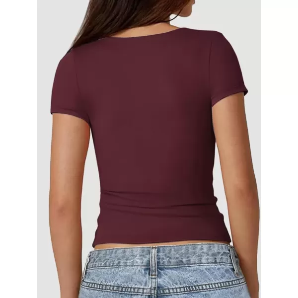 imageATHMILE Womens Short Sleeve Shirts Crop Tops Basic Double Modal Layering Tight Slim Fit Y2K T Shirts Clothes 2024Burgundy