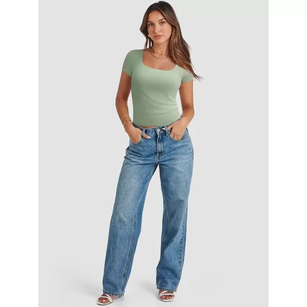 imageATHMILE Womens Short Sleeve Shirts Crop Tops Basic Double Modal Layering Tight Slim Fit Y2K T Shirts Clothes 2024Sage Green
