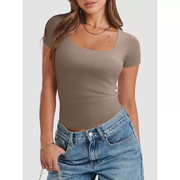 imageATHMILE Womens Short Sleeve Shirts Crop Tops Basic Double Modal Layering Tight Slim Fit Y2K T Shirts Clothes 2024Coffee Grey