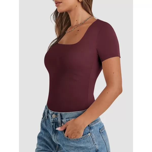 imageATHMILE Womens Short Sleeve Shirts Crop Tops Basic Double Modal Layering Tight Slim Fit Y2K T Shirts Clothes 2024Burgundy