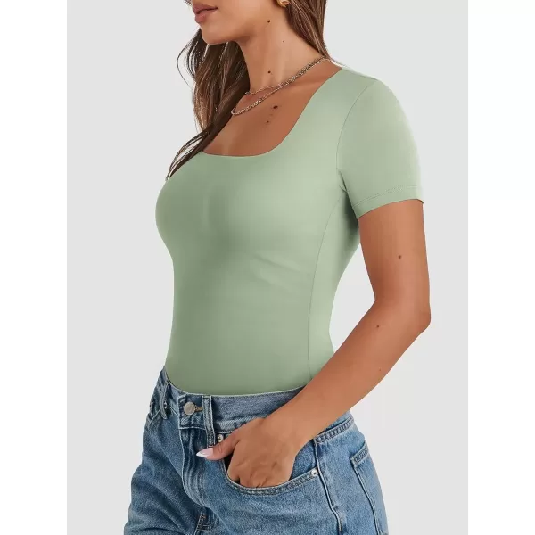 imageATHMILE Womens Short Sleeve Shirts Crop Tops Basic Double Modal Layering Tight Slim Fit Y2K T Shirts Clothes 2024Sage Green