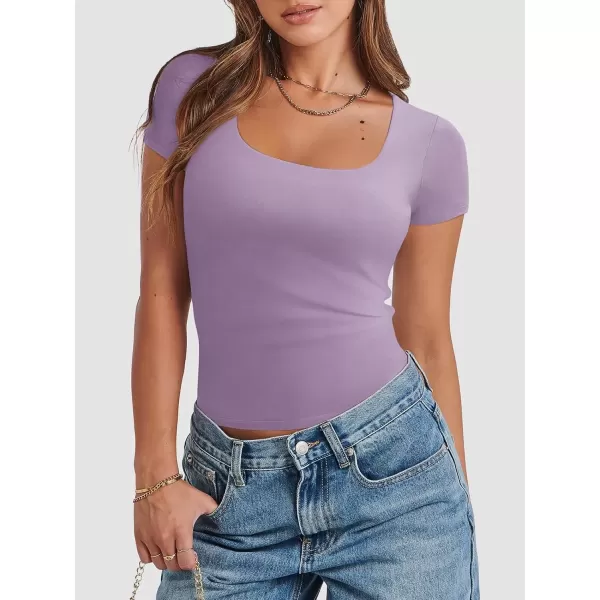 imageATHMILE Womens Short Sleeve Shirts Crop Tops Basic Double Modal Layering Tight Slim Fit Y2K T Shirts Clothes 2024Purple