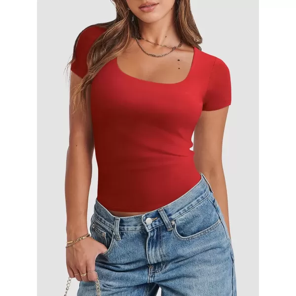 imageATHMILE Womens Short Sleeve Shirts Crop Tops Basic Double Modal Layering Tight Slim Fit Y2K T Shirts Clothes 2024Red