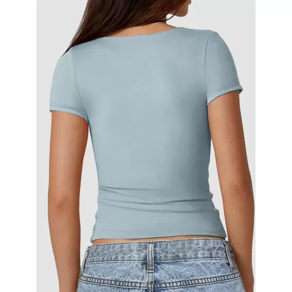 imageATHMILE Womens Short Sleeve Shirts Crop Tops Basic Double Modal Layering Tight Slim Fit Y2K T Shirts Clothes 2024Light Blue