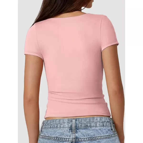 imageATHMILE Womens Short Sleeve Shirts Crop Tops Basic Double Modal Layering Tight Slim Fit Y2K T Shirts Clothes 2024Light Pink