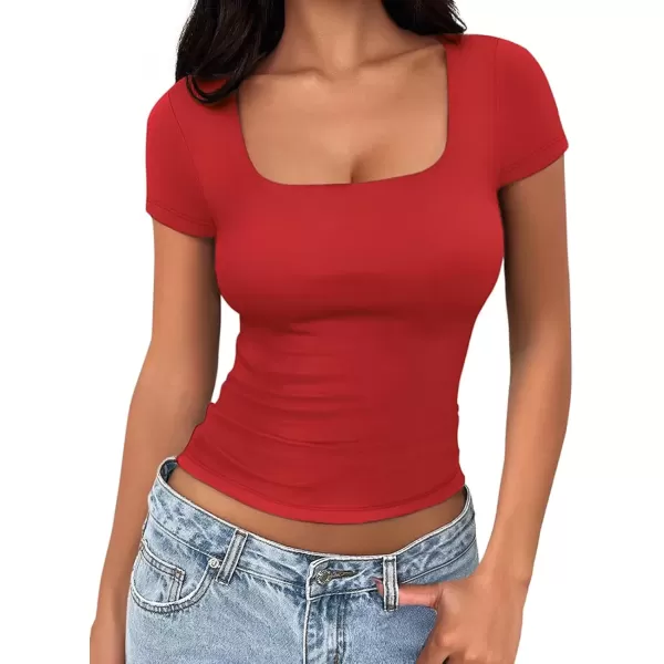 imageATHMILE Womens Short Sleeve Shirts Crop Tops Basic Double Modal Layering Tight Slim Fit Y2K T Shirts Clothes 2024Red