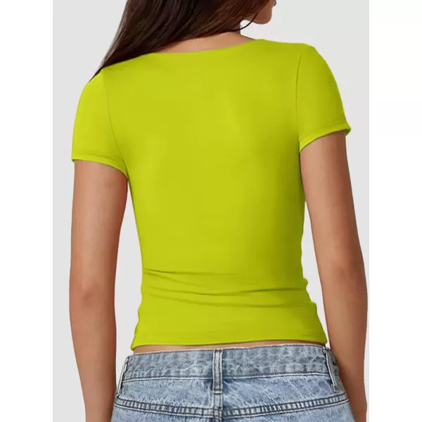 imageATHMILE Womens Short Sleeve Shirts Crop Tops Basic Double Modal Layering Tight Slim Fit Y2K T Shirts Clothes 2024Yellow