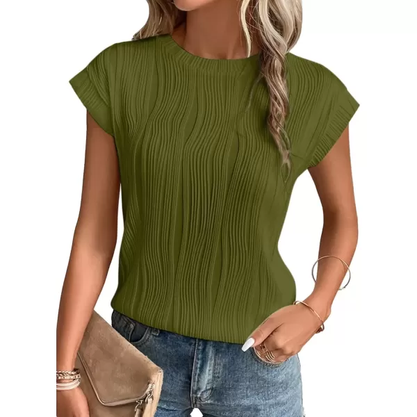 imageATHMILE Womens Short Sleeve Summer Tops Crewneck Textured Shirts Basic T Shirt Casual Work BlousesArmygreen
