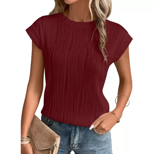 imageATHMILE Womens Short Sleeve Summer Tops Crewneck Textured Shirts Basic T Shirt Casual Work BlousesWinered