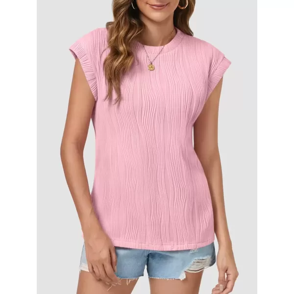 imageATHMILE Womens Short Sleeve Summer Tops Crewneck Textured Shirts Basic T Shirt Casual Work BlousesPink
