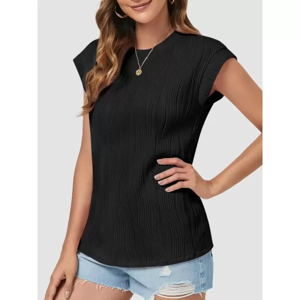 imageATHMILE Womens Short Sleeve Summer Tops Crewneck Textured Shirts Basic T Shirt Casual Work BlousesBlack
