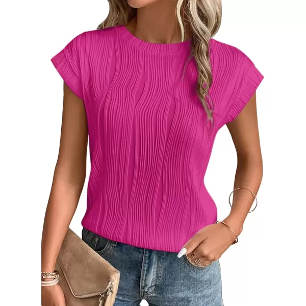 imageATHMILE Womens Short Sleeve Summer Tops Crewneck Textured Shirts Basic T Shirt Casual Work BlousesHot Pink
