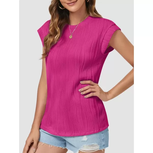 imageATHMILE Womens Short Sleeve Summer Tops Crewneck Textured Shirts Basic T Shirt Casual Work BlousesHot Pink