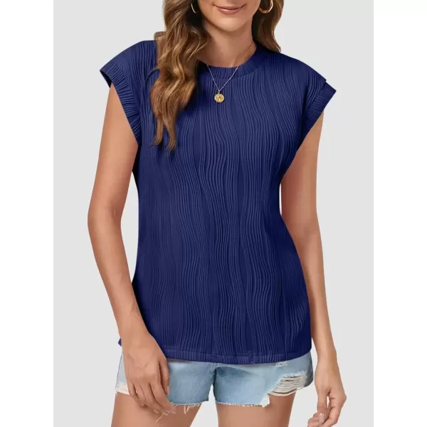imageATHMILE Womens Short Sleeve Summer Tops Crewneck Textured Shirts Basic T Shirt Casual Work BlousesNavy