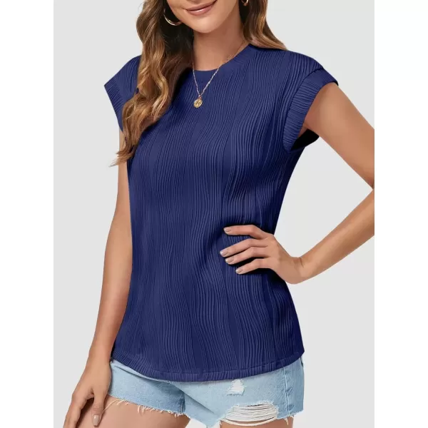 imageATHMILE Womens Short Sleeve Summer Tops Crewneck Textured Shirts Basic T Shirt Casual Work BlousesNavy