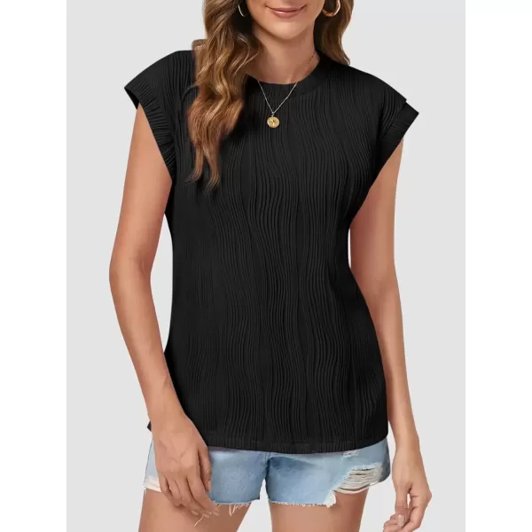 imageATHMILE Womens Short Sleeve Summer Tops Crewneck Textured Shirts Basic T Shirt Casual Work BlousesBlack