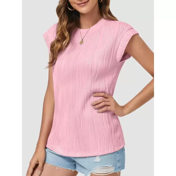imageATHMILE Womens Short Sleeve Summer Tops Crewneck Textured Shirts Basic T Shirt Casual Work BlousesPink