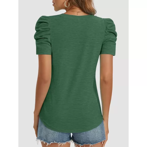 imageATHMILE Womens Summer Shirt V Neck Casual Tshirts Puff Sleeve Tops for Women Trendy 2024 Tunic Solid ColorDark Green