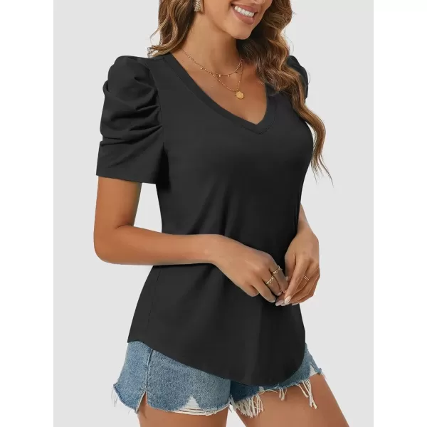 imageATHMILE Womens Summer Shirt V Neck Casual Tshirts Puff Sleeve Tops for Women Trendy 2024 Tunic Solid ColorBlack