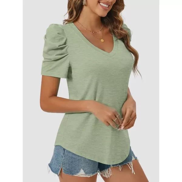 imageATHMILE Womens Summer Shirt V Neck Casual Tshirts Puff Sleeve Tops for Women Trendy 2024 Tunic Solid ColorGrey Green