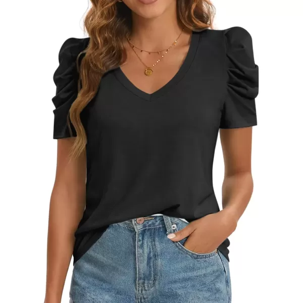 imageATHMILE Womens Summer Shirt V Neck Casual Tshirts Puff Sleeve Tops for Women Trendy 2024 Tunic Solid ColorBlack