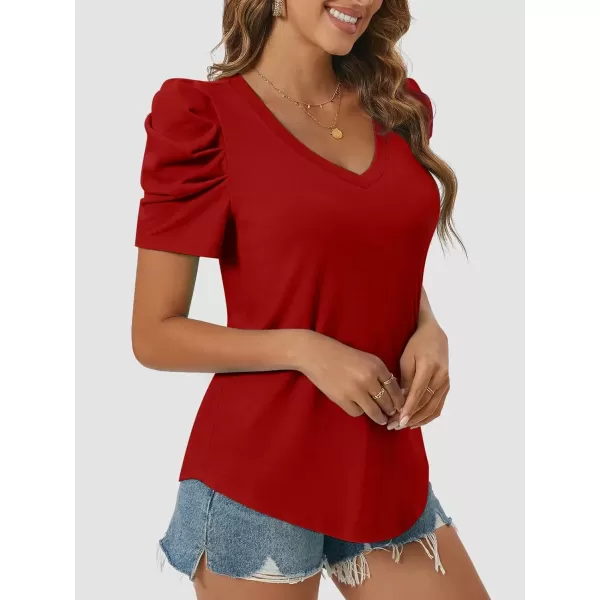 imageATHMILE Womens Summer Shirt V Neck Casual Tshirts Puff Sleeve Tops for Women Trendy 2024 Tunic Solid ColorRed