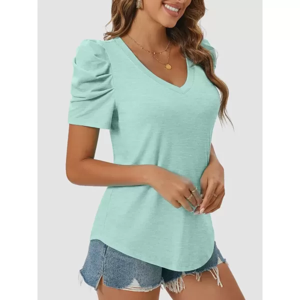 imageATHMILE Womens Summer Shirt V Neck Casual Tshirts Puff Sleeve Tops for Women Trendy 2024 Tunic Solid ColorLake Green