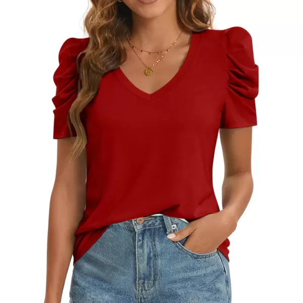 imageATHMILE Womens Summer Shirt V Neck Casual Tshirts Puff Sleeve Tops for Women Trendy 2024 Tunic Solid ColorRed