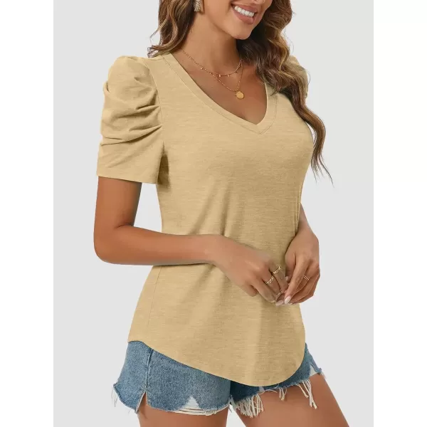 imageATHMILE Womens Summer Shirt V Neck Casual Tshirts Puff Sleeve Tops for Women Trendy 2024 Tunic Solid ColorKhaki