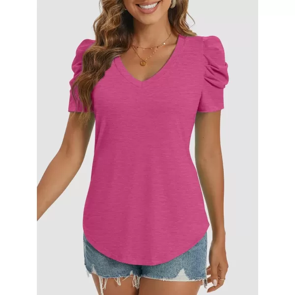imageATHMILE Womens Summer Shirt V Neck Casual Tshirts Puff Sleeve Tops for Women Trendy 2024 Tunic Solid ColorHot Pink