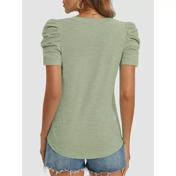 imageATHMILE Womens Summer Shirt V Neck Casual Tshirts Puff Sleeve Tops for Women Trendy 2024 Tunic Solid ColorGrey Green