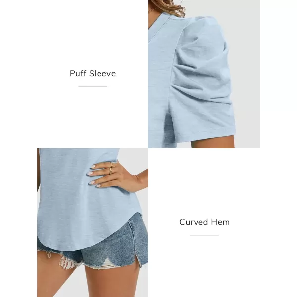 imageATHMILE Womens Summer Shirt V Neck Casual Tshirts Puff Sleeve Tops for Women Trendy 2024 Tunic Solid ColorIce Blue