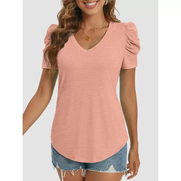 imageATHMILE Womens Summer Shirt V Neck Casual Tshirts Puff Sleeve Tops for Women Trendy 2024 Tunic Solid ColorPink