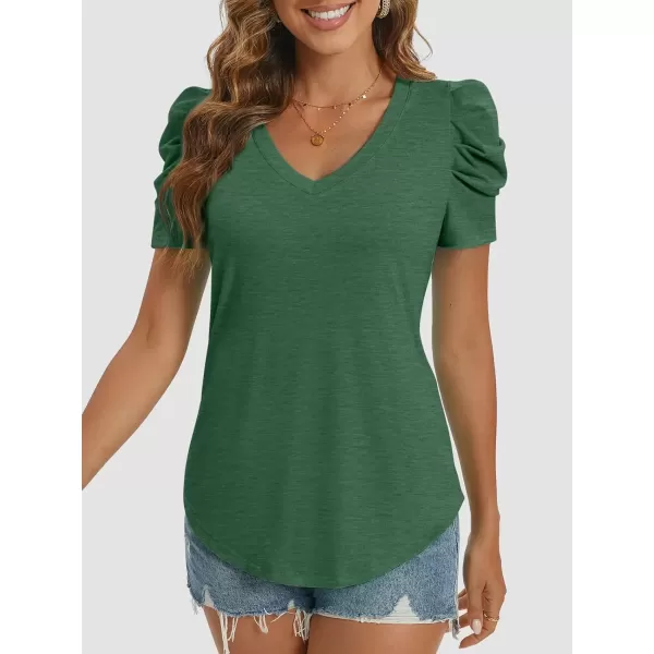 imageATHMILE Womens Summer Shirt V Neck Casual Tshirts Puff Sleeve Tops for Women Trendy 2024 Tunic Solid ColorDark Green