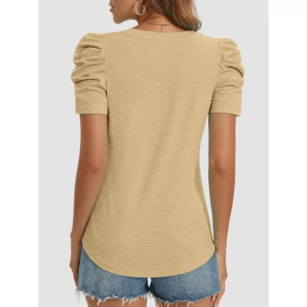 imageATHMILE Womens Summer Shirt V Neck Casual Tshirts Puff Sleeve Tops for Women Trendy 2024 Tunic Solid ColorKhaki