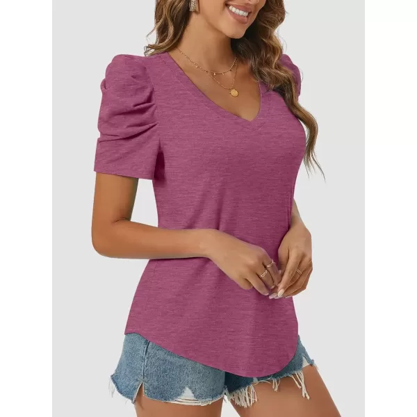 imageATHMILE Womens Summer Shirt V Neck Casual Tshirts Puff Sleeve Tops for Women Trendy 2024 Tunic Solid ColorPurple Red