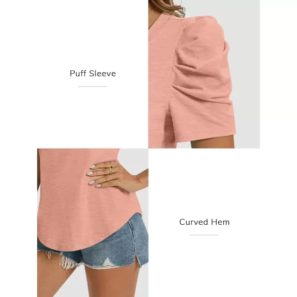 imageATHMILE Womens Summer Shirt V Neck Casual Tshirts Puff Sleeve Tops for Women Trendy 2024 Tunic Solid ColorPink