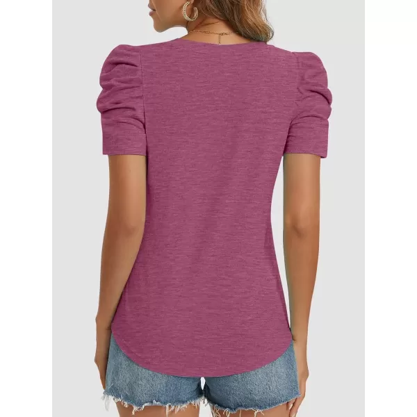 imageATHMILE Womens Summer Shirt V Neck Casual Tshirts Puff Sleeve Tops for Women Trendy 2024 Tunic Solid ColorPurple Red