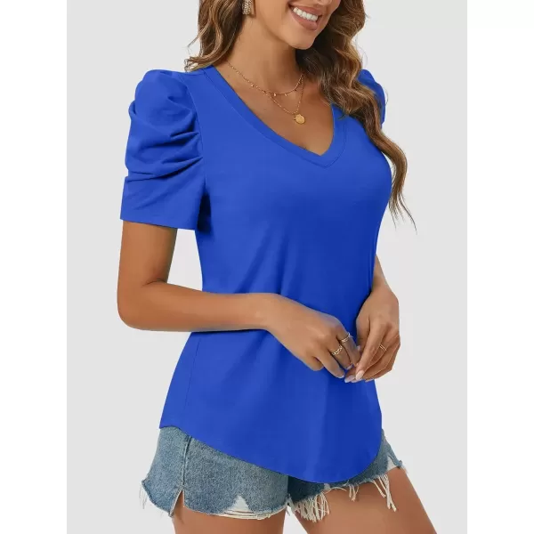 imageATHMILE Womens Summer Shirt V Neck Casual Tshirts Puff Sleeve Tops for Women Trendy 2024 Tunic Solid ColorRoyal Blue