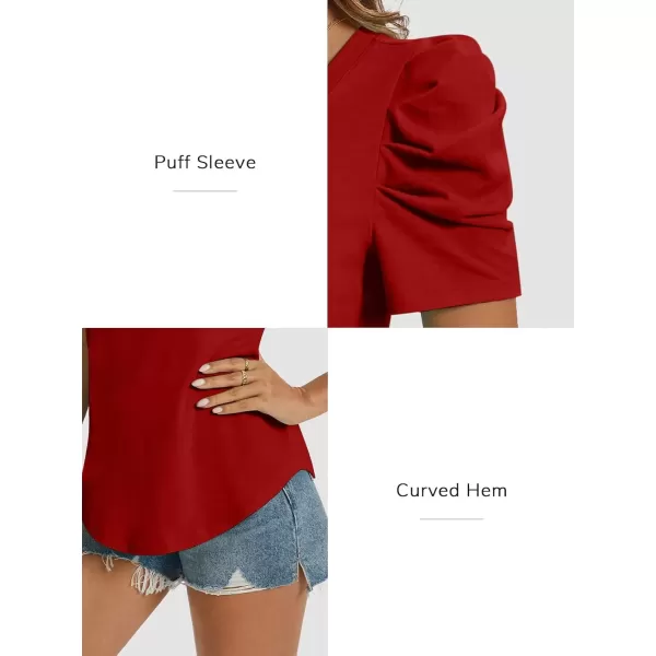imageATHMILE Womens Summer Shirt V Neck Casual Tshirts Puff Sleeve Tops for Women Trendy 2024 Tunic Solid ColorRed