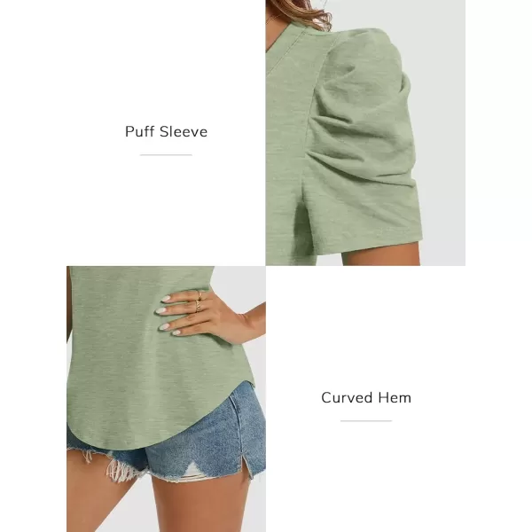imageATHMILE Womens Summer Shirt V Neck Casual Tshirts Puff Sleeve Tops for Women Trendy 2024 Tunic Solid ColorGrey Green