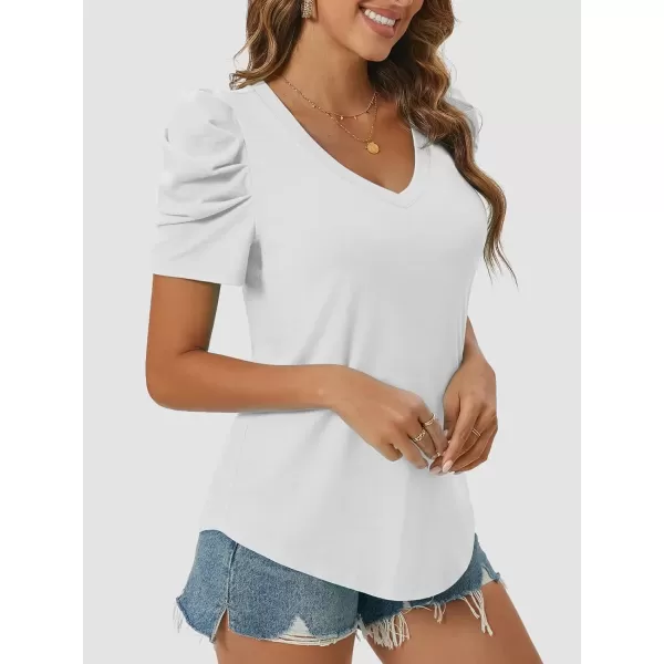 imageATHMILE Womens Summer Shirt V Neck Casual Tshirts Puff Sleeve Tops for Women Trendy 2024 Tunic Solid ColorWhite
