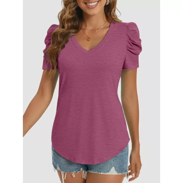 imageATHMILE Womens Summer Shirt V Neck Casual Tshirts Puff Sleeve Tops for Women Trendy 2024 Tunic Solid ColorPurple Red